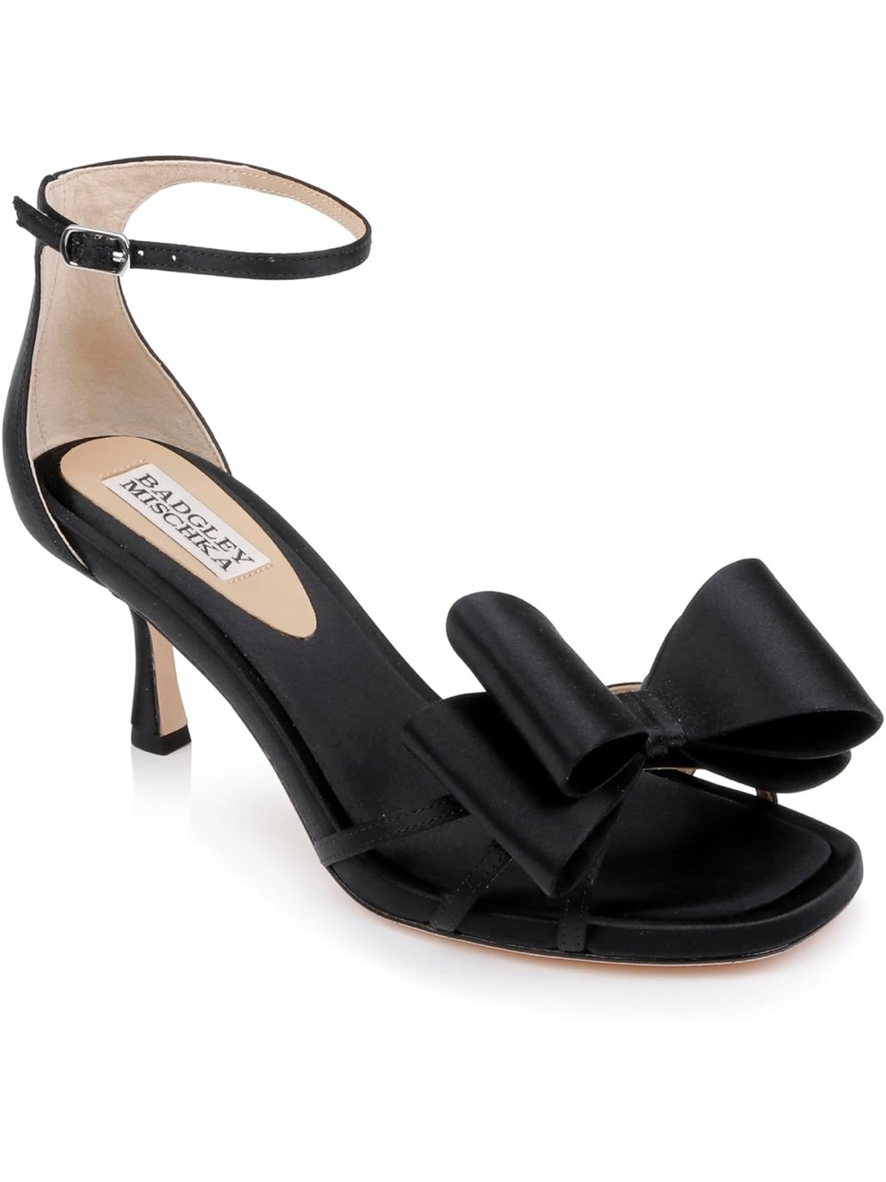Badgley Mischka Black Satin Bow Ankle-Strap Heel